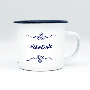 "SCHOTZALE" MUNDART HÄFERL<br>Emaille weiß/blau