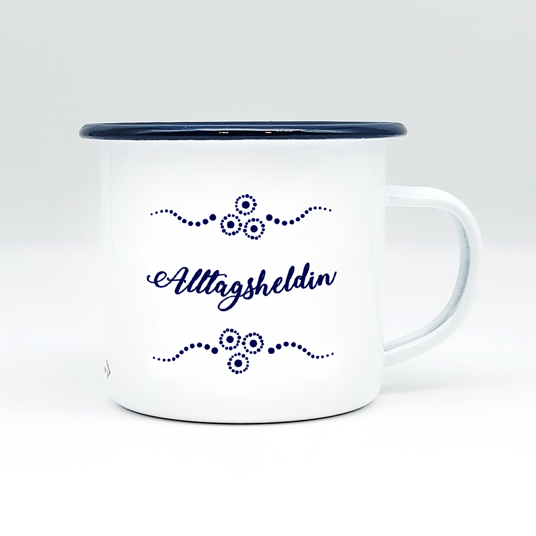 "ALLTAGSHELDIN" MUNDART HÄFERL<br>Emaille weiß/blau