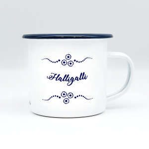 "HALLIGALLI" MUNDART HÄFERL<br>Emaille weiß/blau
