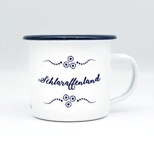 "SCHLARAFFENLAND" MUNDART HÄFERL<br>Emaille weiß/blau