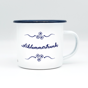 "SCHLUMMERTRUNK" MUNDART HÄFERL<br>Emaille weiß/blau
