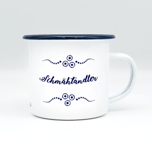 "SCHMÄHTANDLER" MUNDART HÄFERL<br>Emaille weiß/blau
